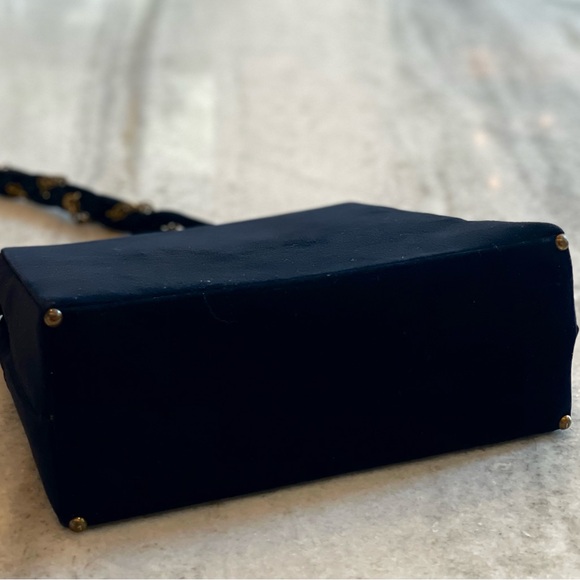 VTG Satchel Black velvety suede Custom Made by Calem Gold Chain Accent Handbag - Picture 6 of 13